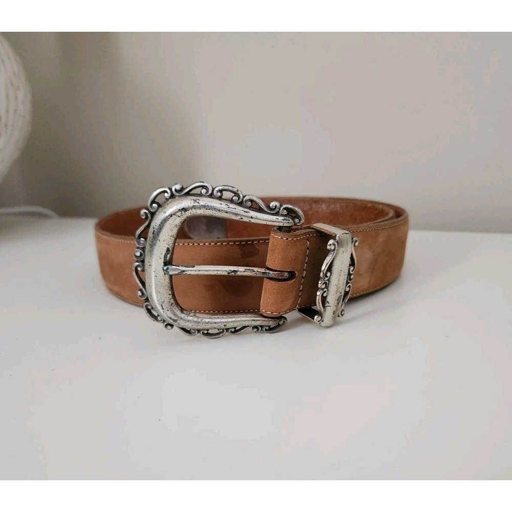 Vintage Brighton Tan Brown‎ Womens Leather Belt Etched Silvertone Buckle  Size S
